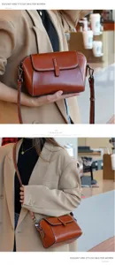 Detail view of stylish brown leather crossbody bag with adjustable strap for women daily wear.