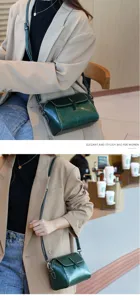 Detailed view of a stylish dark green leather shoulder bag for women, perfect for daily wear.