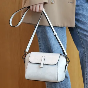 White wax leather shoulder bag for women, casual flap crossbody bag with adjustable strap