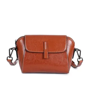 Brown genuine leather crossbody bag for women, vintage oil wax cowhide shoulder shell bag.