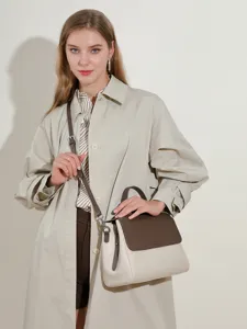 Genuine leather women shoulder handbag, contrast color commuter casual crossbody bag.