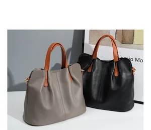 Genuine leather women handbag contrast color tote bag business commute large capacity stylish purse