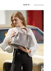 Genuine leather women handbag elegant contrast color tote bag commuter shoulder bag detail