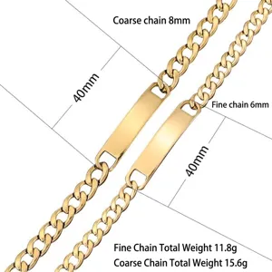 Detail of two gold-toned stainless steel Cuban link ID bracelets in 8mm and 6mm widths