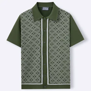 Herren Vintage Strick-Polo-Cardigan in Grün mit geometrischem Jacquard-Musterdetail.