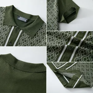 Detailansicht des grünen Herren-Strick-Poloshirts mit Jacquardmuster und Kragenstruktur.