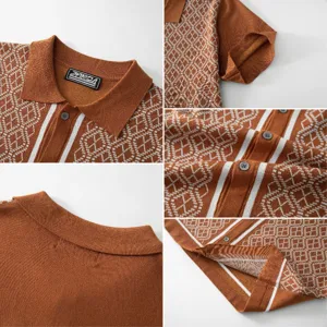 Detailansicht eines braunen Herren-Strickpoloshirts mit feinem weißem Jacquardmuster.