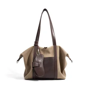 Sac cabas en toile kaki et marron, elegante sac à bandouliere patchwork pour le travail.