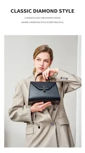 Classic diamond style black leather handbag for women, elegant top handle commuting shoulder bag.