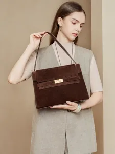 Damen Retro Wildleder Umhängetasche Große Kapazität Shopper Pendler Umhängetasche Klassischer Drehverschluss Mode Handtasche