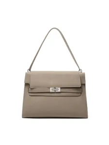 Klassische taupefarbene Lederschultertasche mit Henkel und elegantem Drehverschluss-Design.