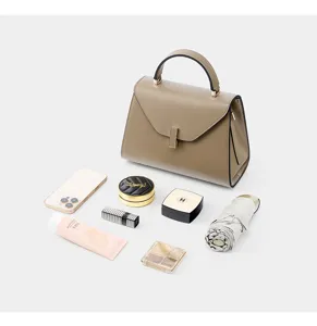 Women genuine leather top handle shoulder bag large capacity work commute minimalist chic khaki