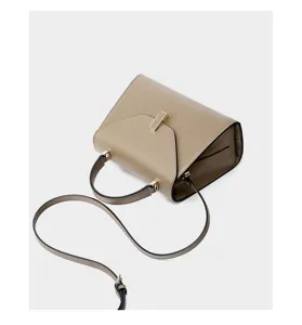 Premium leather shoulder bag for women, stylish taupe work commuting tote with gold hardware.