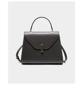Dark grey genuine leather top-handle handbag, structured trapezoid design, metal clasp detail.