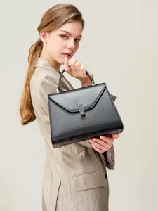 Elegant black leather top handle shoulder bag for women business work commuting stylish handbag