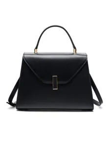 Black leather top handle shoulder bag trapezoid commute handbag with gold hardware