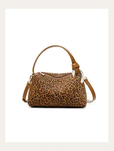 Leopard print women's shoulder handbag with brown handle and metal hardware for autumn winter.