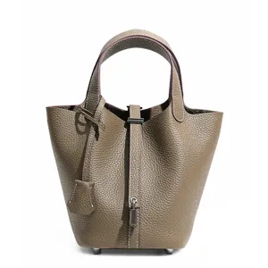 Borsa a secchiello in vera pelle di alta qualità per donna, elegante borsa con chiusura.