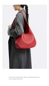 Red leather shoulder hobo bag, stylish underarm tote for women, spacious daily commuter casual purse.