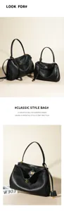 Classic black leather shoulder bag, versatile casual tote with metal turn-lock design.