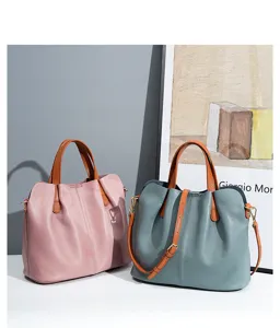 Genuine leather commuting women handbag contrast color top layer cowhide minimalist tote