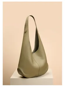 Stylish olive green genuine leather hobo shoulder bag, large capacity women commuting tote.