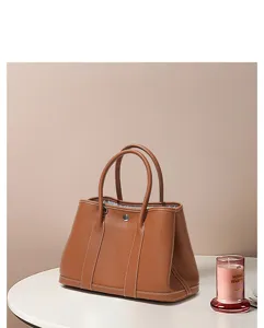 Brown genuine leather tote bag large capacity casual handbag for women daily commute style