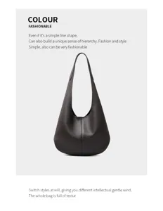 Cowhide leather hobo shoulder bag, casual large capacity daily commuter tote bag detail view.