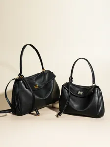 Elegant black leather shoulder bag large capacity tote commuter handbag fashion style