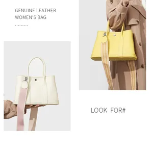 Genuine leather women tote bag large capacity fashion garden handbag with wide shoulder strap