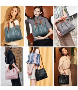 Genuine leather women work commute tote bag contrast color minimalist large capacity
