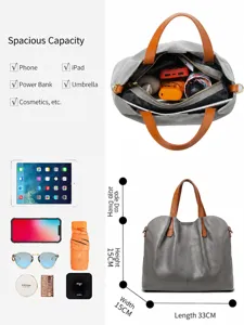 Genuine leather women's tote bag, stylish contrast color commuter handbag with large capacity.
