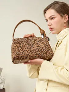 Women's Genuine Leather Shoulder Bag Retro Leopard Print Tote Bag Large Capacity Casual Crossbody Handbag