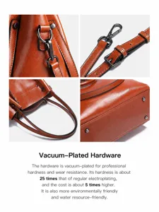 Detalles del bolso de cuero marrón con acabados de alta calidad y herrajes duraderos.