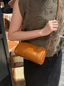 Brown leather cylindrical crossbody bag for women fashion stylish shoulder handbag new design
