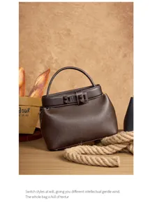 Dark brown genuine leather top handle crossbody bag stylish retro shoulder handbag for women