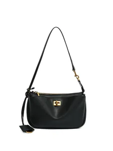 Black leather underarm shoulder bag for women, stylish commuting handbag with gold lock.