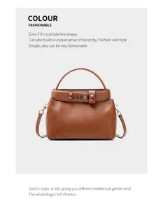 Detailed view of the brown leather handbag, showcasing exquisite stitching and hardware.
