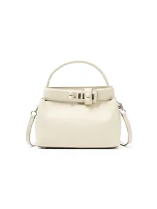 Elegant off-white leather top handle shoulder bag with chic metal hardware for women.