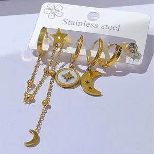 Set di Orecchini a Stella e Luna in Acciaio Inossidabile Moda Occidentale per Donna Orecchini a Cerchio con Ciondolo in Strass Placcati Oro Gioielli Regalo