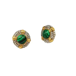 Orecchini rotondi vintage con pietra verde strass tono oro gioielli eleganti donna accessori