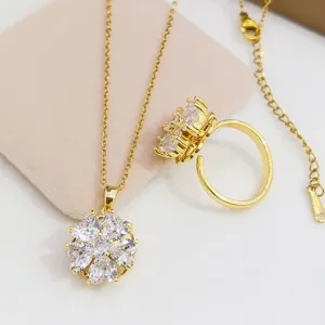 Set collana anello zircone fiore rotante moda donna gioielli oro lusso regalo