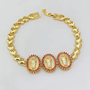 Vergoldetes Herzglied-Armband mit drei Marien-Medaillons und roten Zirkonia-Steinen.