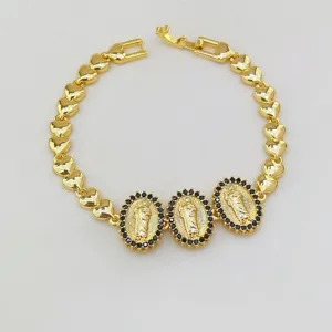 Goldfarbenes Armband mit Herzgliedern und Marienbild Anhängern für Damen Modeschmuck.