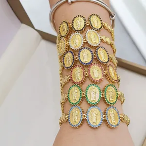 Vergoldetes Jungfrau Maria Armband mit bunten Zirkoniasteinen für Damen Eleganz Schmuck.