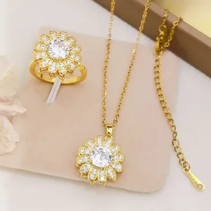 Squisito set collana anello girasole zircone vista dettagliata gioiello di moda oro