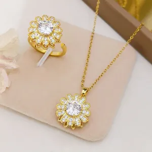 Set di gioielli collana anello girasole zircone girevole alla moda per donne placcato oro