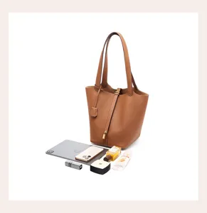 Genuine leather bucket tote bag for women, large capacity daily commuting shoulder bag.