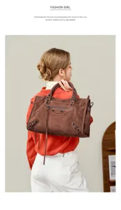 Stylish women suede motorcycle shoulder bag, retro brown retro handbag with spacious interior.