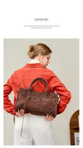 Stylish brown suede motorcycle handbag for women, classic design shoulder tote bag.